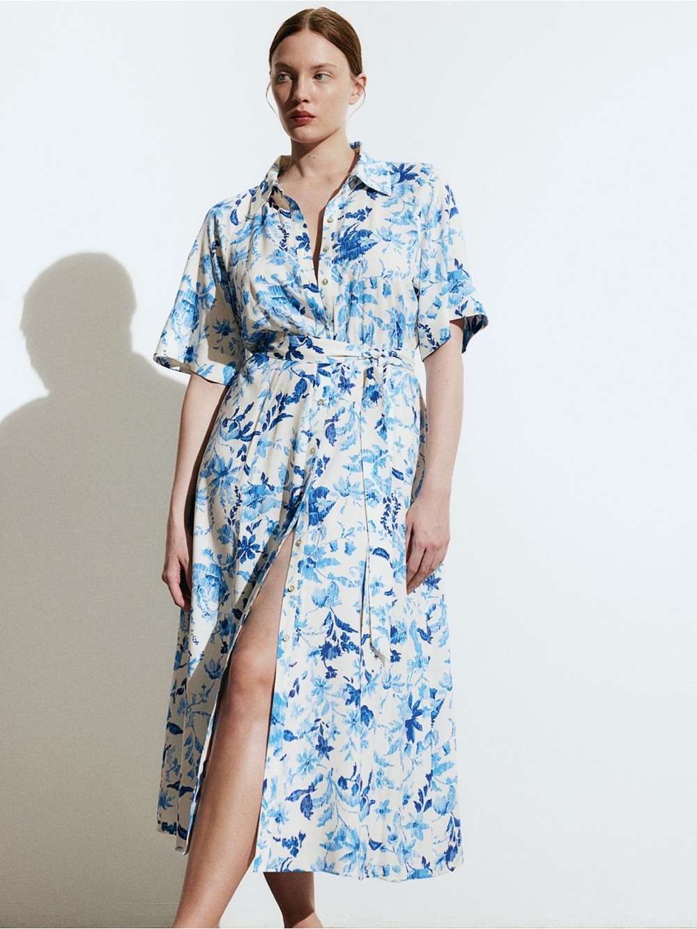H&M Blue Ivory Floral Belted Button Front Maxi Shirt Dress Size S